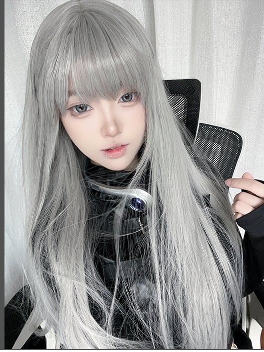 Gray Long Straight Synthetic Wig with Air Bangs