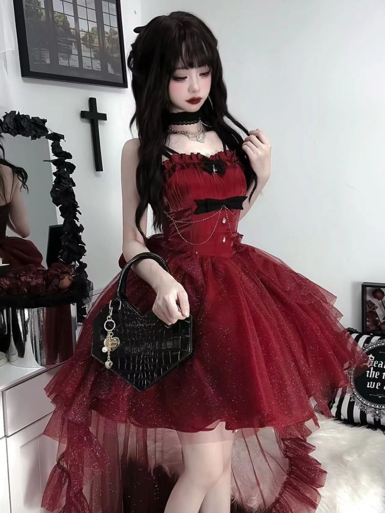 Wine Red Glittering Princess Dress Basque Lolitacore Party Dress Full Set