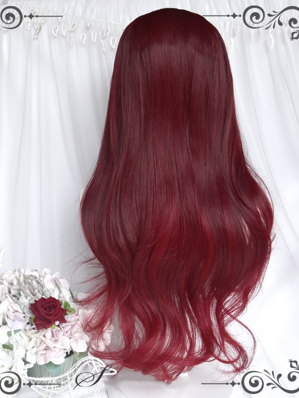 Dark Wine Red Long Wavy Synthetic Wig with Full Bangs