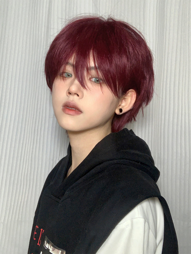 Burgundy Red Short Straight Boy Style Wig