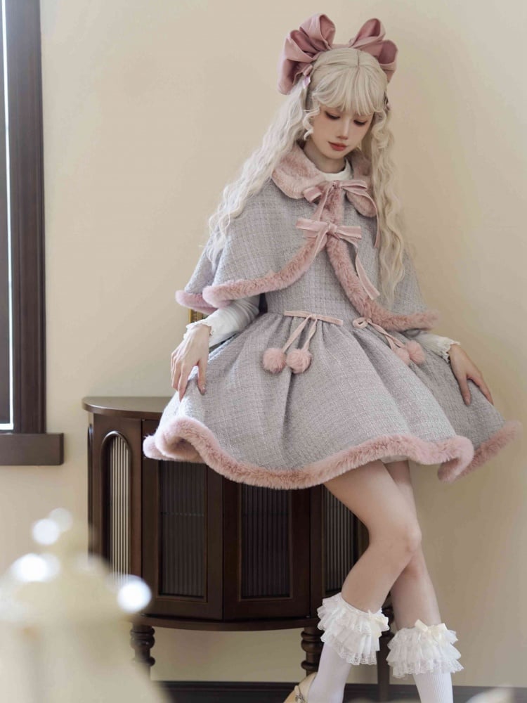 Gray and Pink Plush Hemline Tweed Jumper Skirt + Cape - Sukuroi