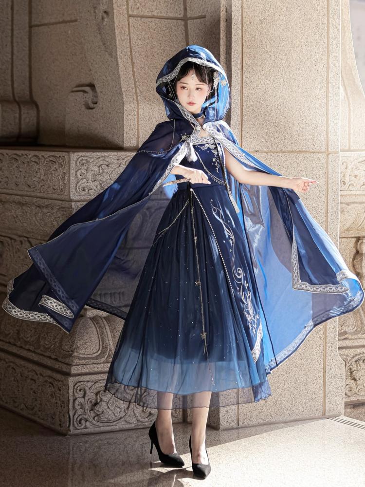 Dreamy Starry Night Dark Blue Butterfly Embroidery Long Dress + Cloak Set with Chains