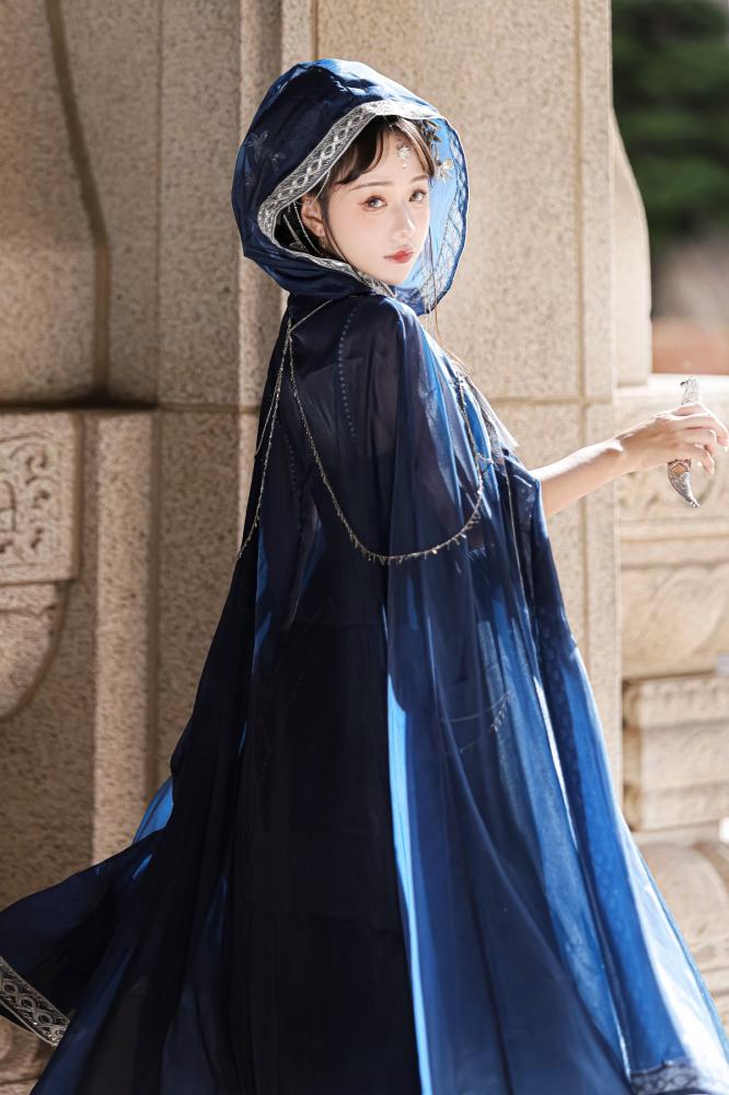 Dreamy Starry Night Dark Blue Butterfly Embroidery Long Dress + Cloak Set with Chains