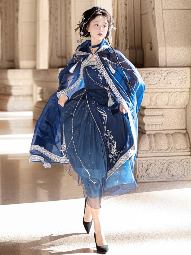 Dreamy Starry Night Dark Blue Butterfly Embroidery Long Dress + Cloak Set with Chains