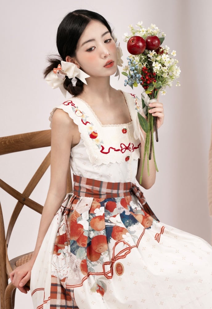 Apple and Floral Embroidery Square Neckline White Jumper Skirt