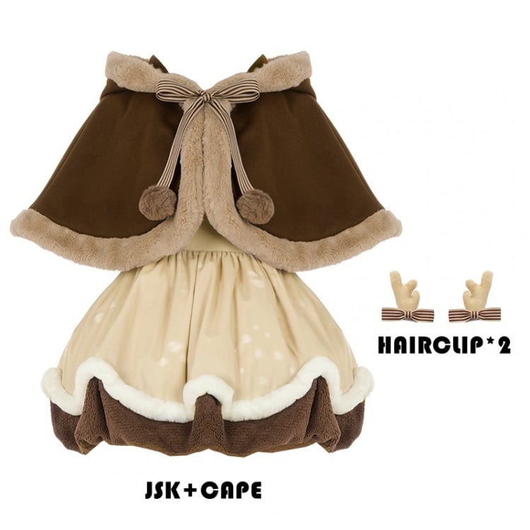 Brown Christmas Reindeer Horns Bubble Jumper Skirt Full Set - Sukuroi