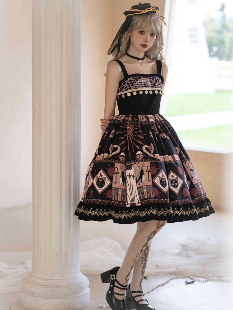 Black Ancient Egypt Totem Print High Waist Jumper Skirt