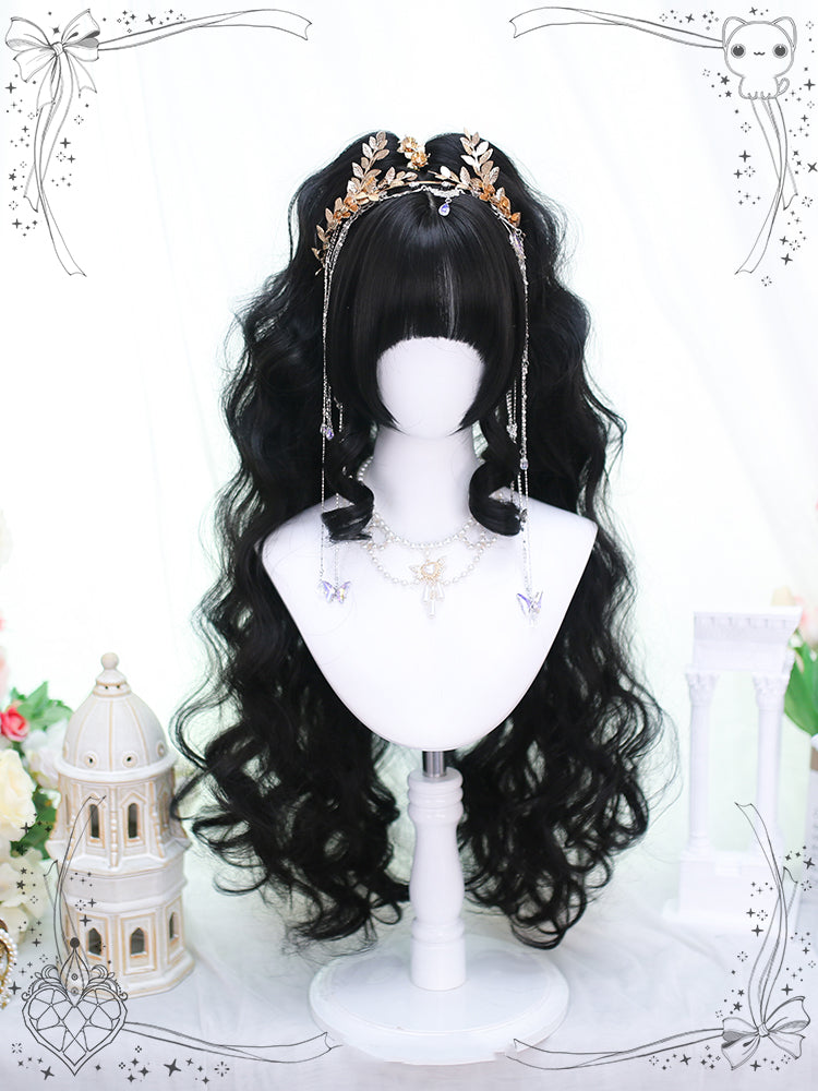 Black Short Straight Wig with Long Wavy Double Ponytails