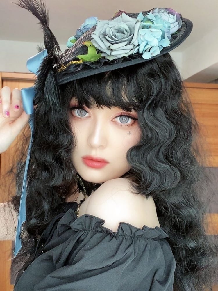 Black Long Curly Synthetic Wig with Bangs