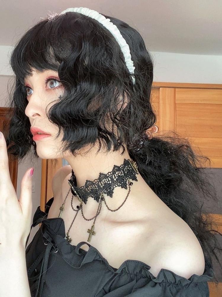 Black Long Curly Synthetic Wig with Bangs