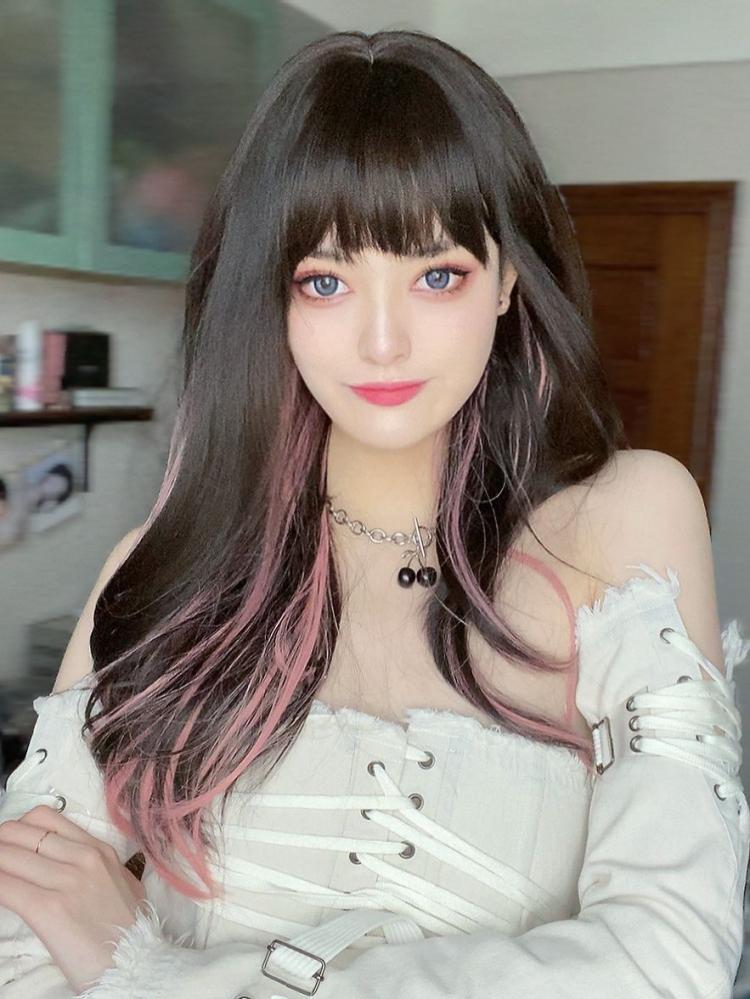 Black and Pink Highlight Hair Color Long Wavy Synthetic Wig