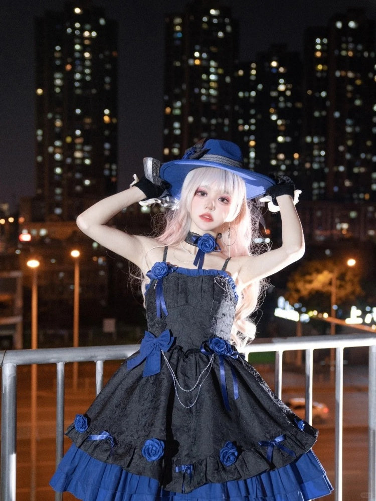 Black and Dark Blue Gothic Rosette Dress Basque Waist Jumper Skirt