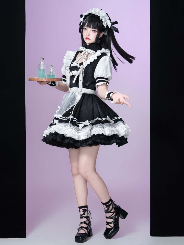 Black and White Punk Maid Dress Short One Piece + White Apron - Sukuroi