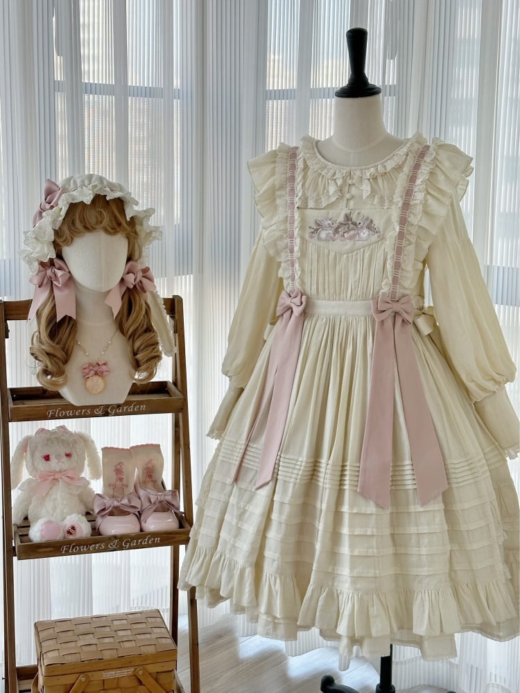 Creamy Rabbit and Strawberry Embroidery Overdress