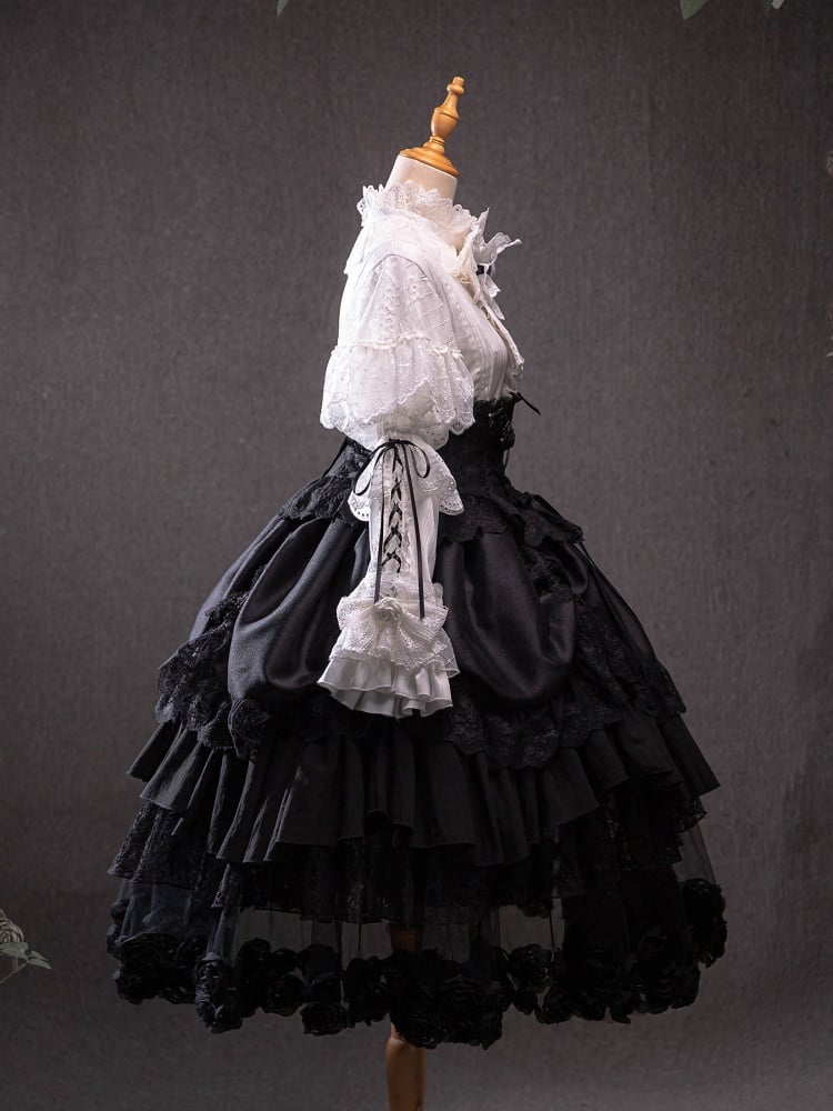 Black and White Drawstring Ruffle Hem One Piece + Corset Belt + Waistcoat