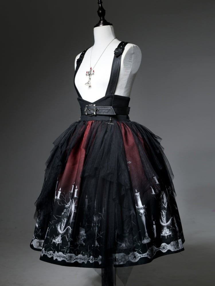 Dragon's Breath Black and Red Dragon and Candle Print Gothic Skirt with Straps - Sukuroi