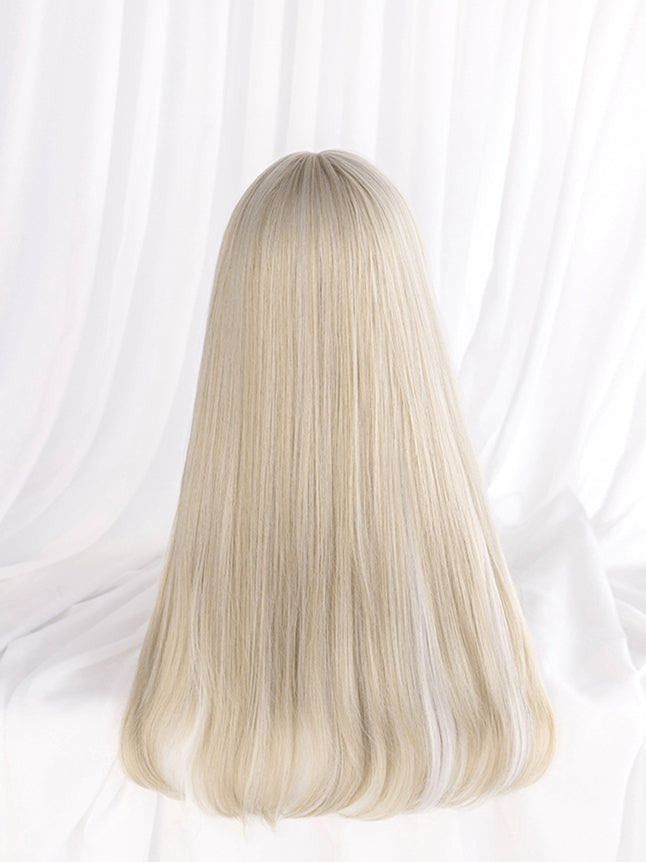 Silver White Highlight Gold Long Straight Synthetic Wig