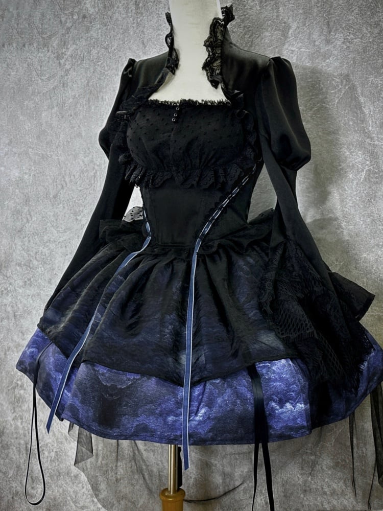 Gothic Bolero Design Bodice Bell Cuffs One Piece Black and Blue