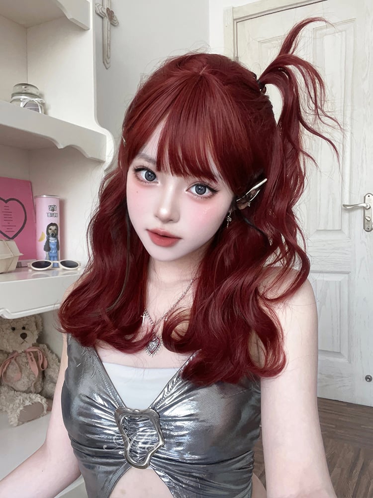 Full Bangs Medium Wavy Wine Red Synthetic Wig