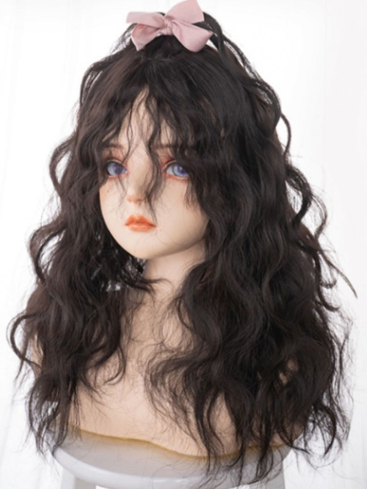 Black Brown Curly Long Synthetic Wig with Curly Bangs