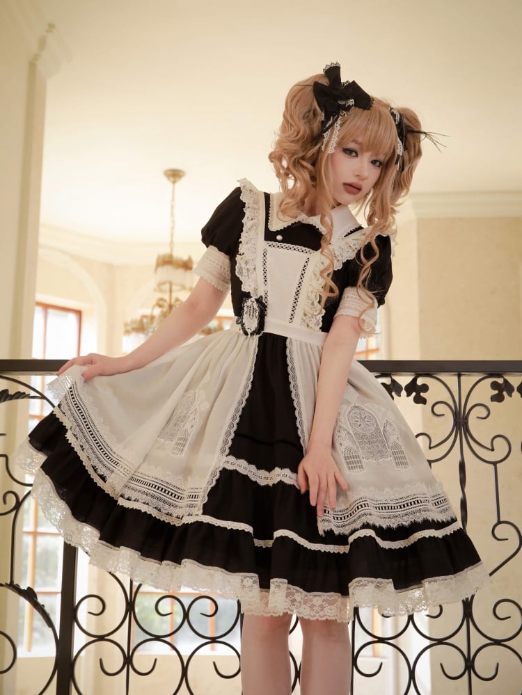 Black and White Short Puff Sleeves One Piece - Sukuroi