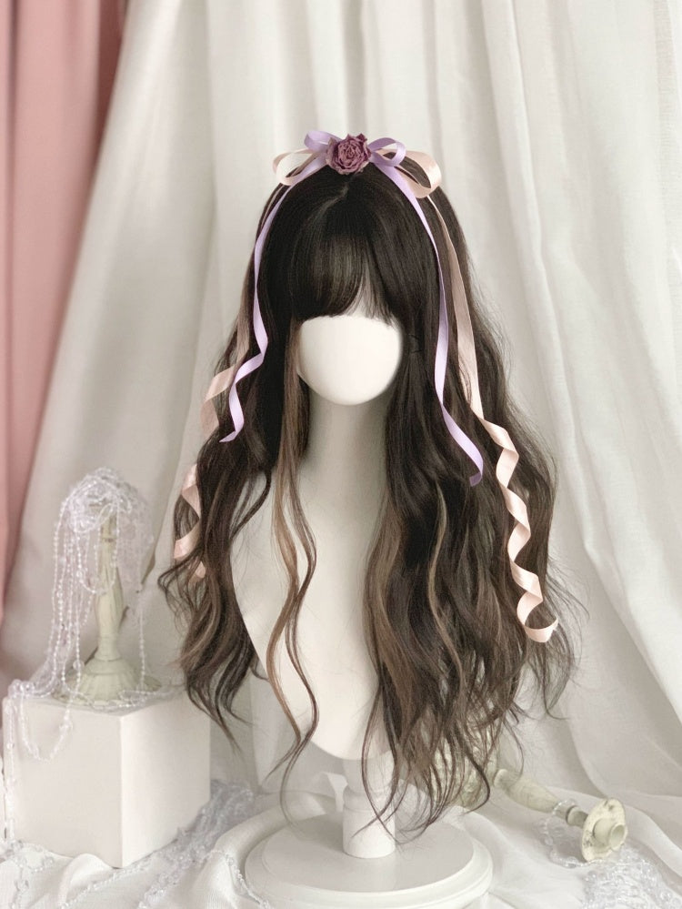 Highlight Hair Color Black and Light Brown Long Wavy Synthetic Wig