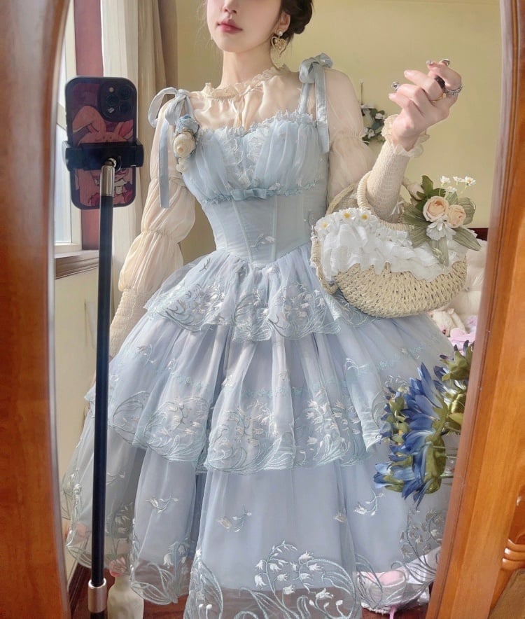 Blue Boned Corset Hime Dress Lily of the Valley Embroidery Jumper Skirt