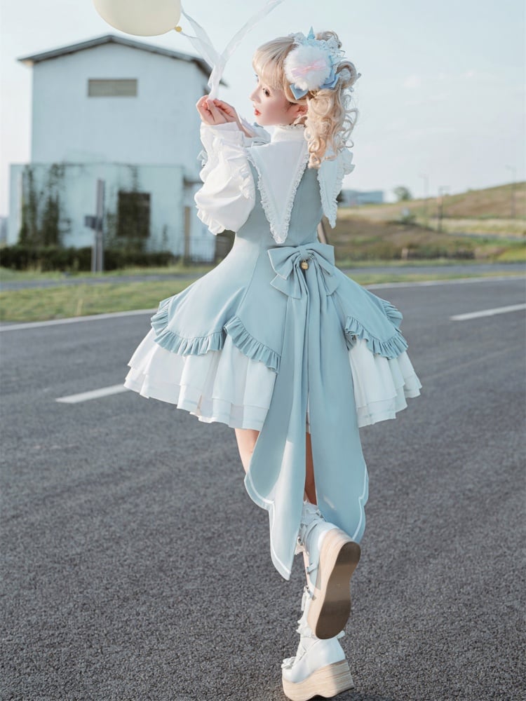 Blue Pointed Collar Pompoms Bowknot Long Sleeves One Piece