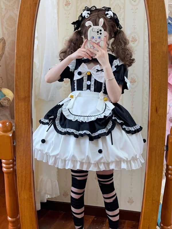 Black and White Sweet Maid One Piece with Sleeves and Apron