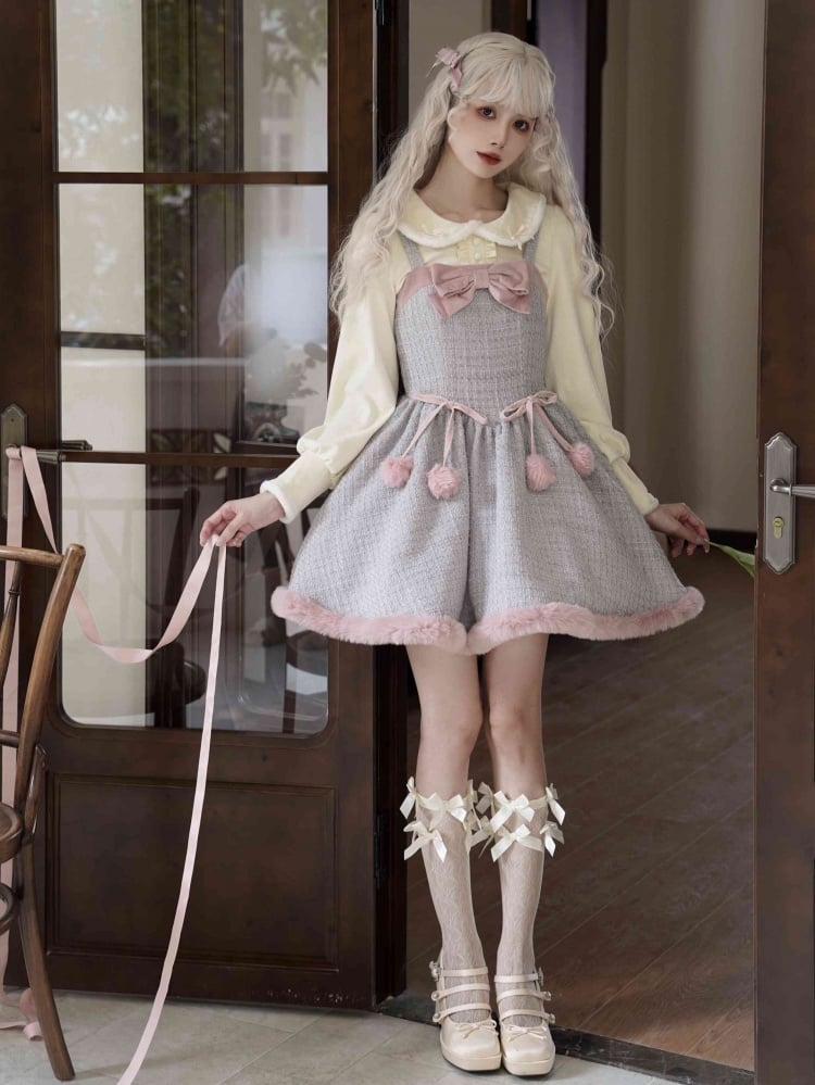 Gray and Pink Plush Hemline Pompoms Waist Tweed Jumper Skirt - Sukuroi