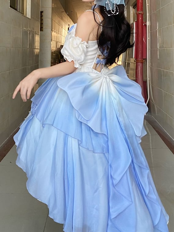 Clearance-Size L for Bust 90-98CM Fairy Blue Princess Dress Prom Rose Details Ombre Jumper Skirt - Sukuroi