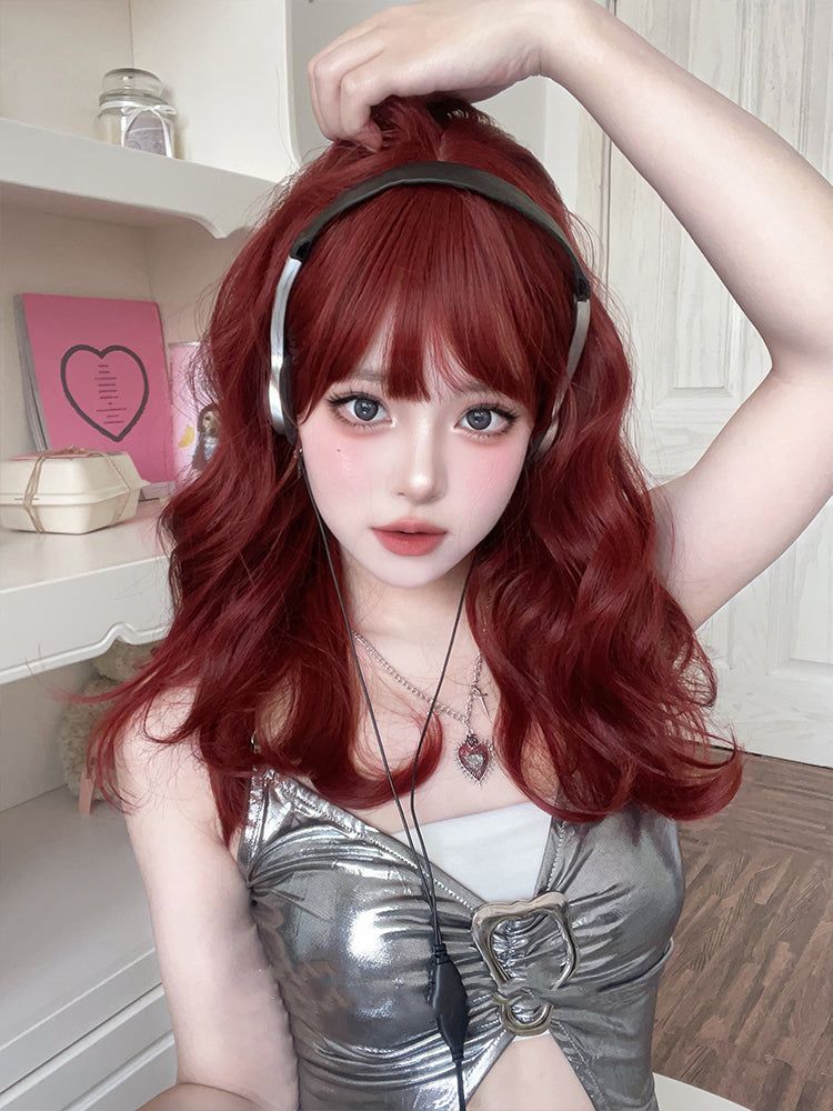 Full Bangs Medium Wavy Wine Red Synthetic Wig