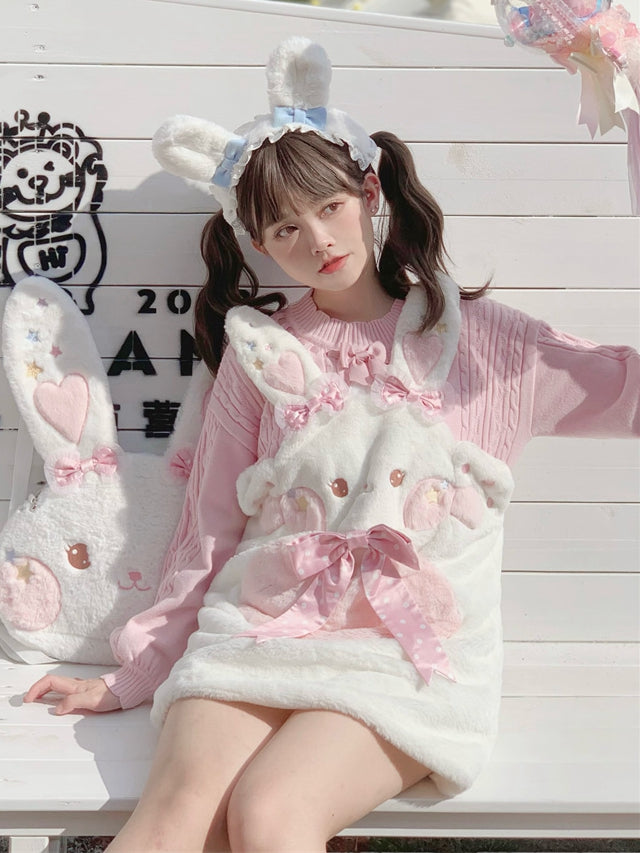 White Bunny Ears Plush Overall Dress Bowknot Details