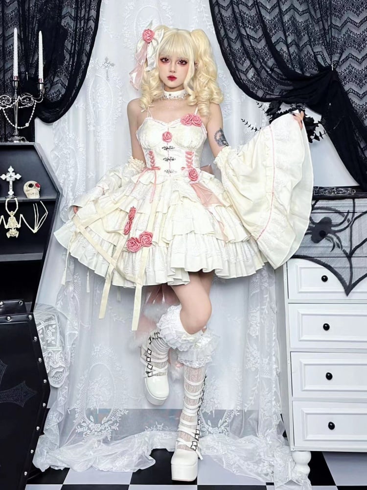 White and Pink Rosette Jumper Skirt Pastel Goth Jacquard Dress/Full Set with Birdcage Skirt
