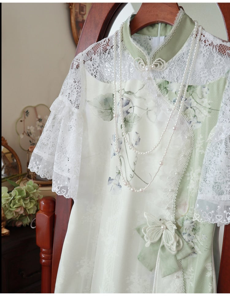 Light Green Figs and Floral Print Elegant Qipao Dress