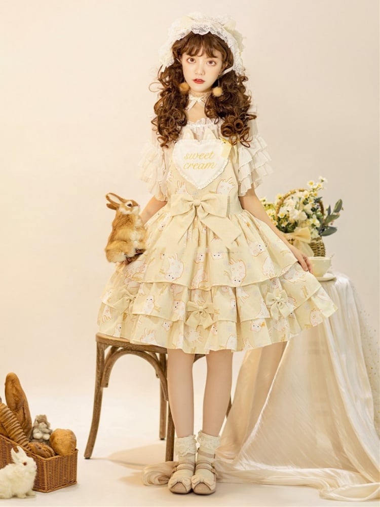 Creamy Meow Heart-shaped Front Tiered Skirt Sweet Jumper Skirt Full Set