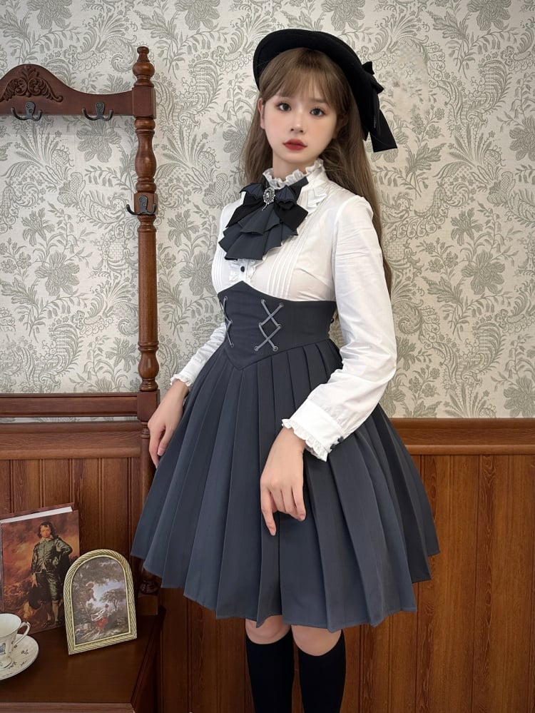 Black Pleated Skirt Corset Waist Long Sleeves White Bodice Autumn Dress