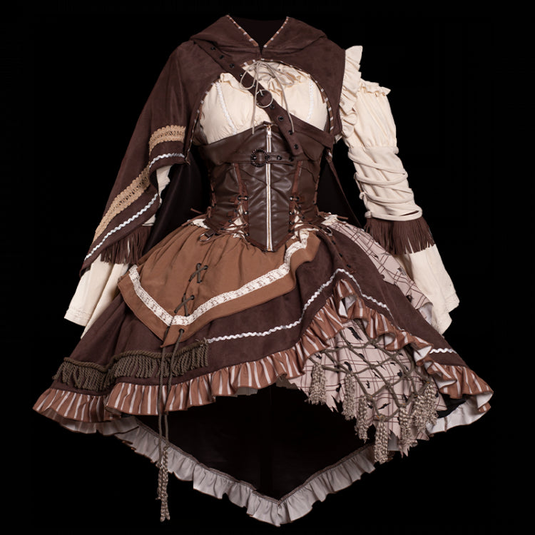 Brown Open Shoulders One Piece + Corset Belt + Cape Steampunk Hunter OP Full Set