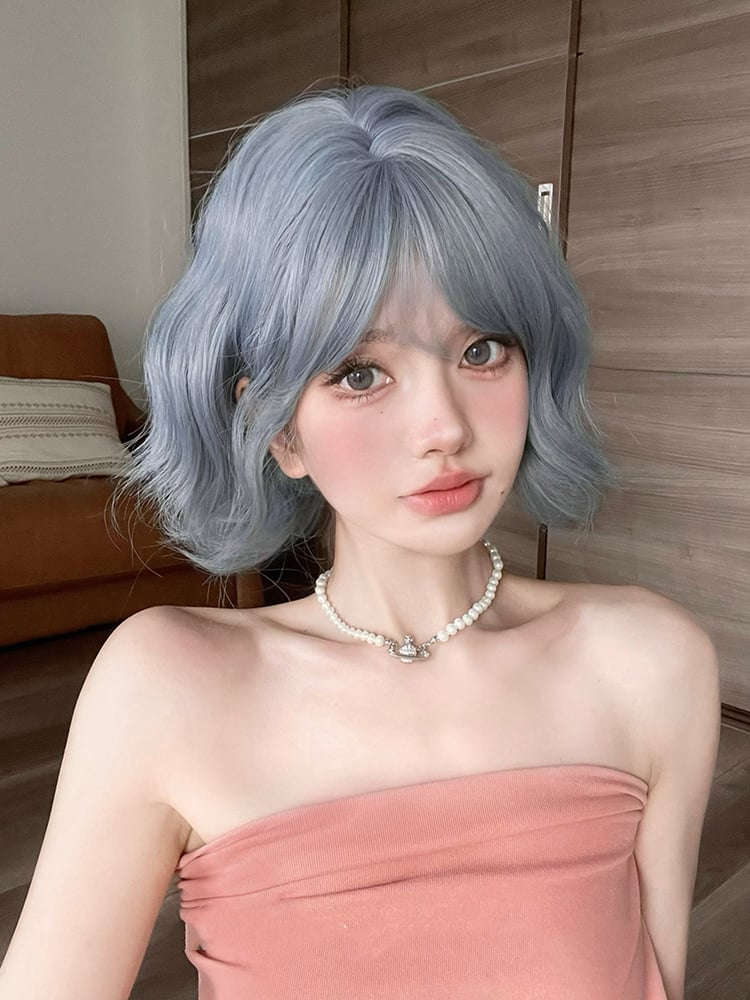 Dusty Blue Short Wavy Synthetic Wig