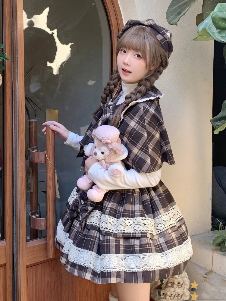 Brown Plaid Pattern Little Detective Jumper Skirt + Cape + Beret - Sukuroi