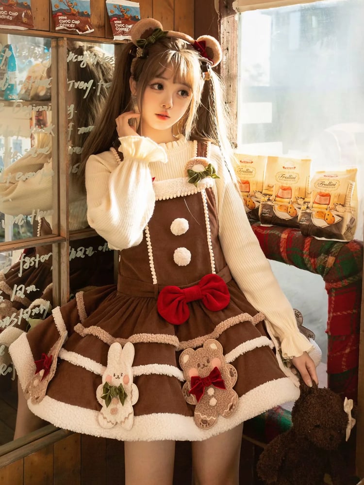 Christmas Teddy and Bunny Brown Overalls Sweet Winter Dress