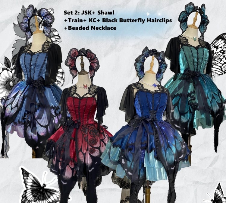 Blue-Purple Butterfly Jumper Skirt Full Set Gothic Princess Dress with Butterfly Train