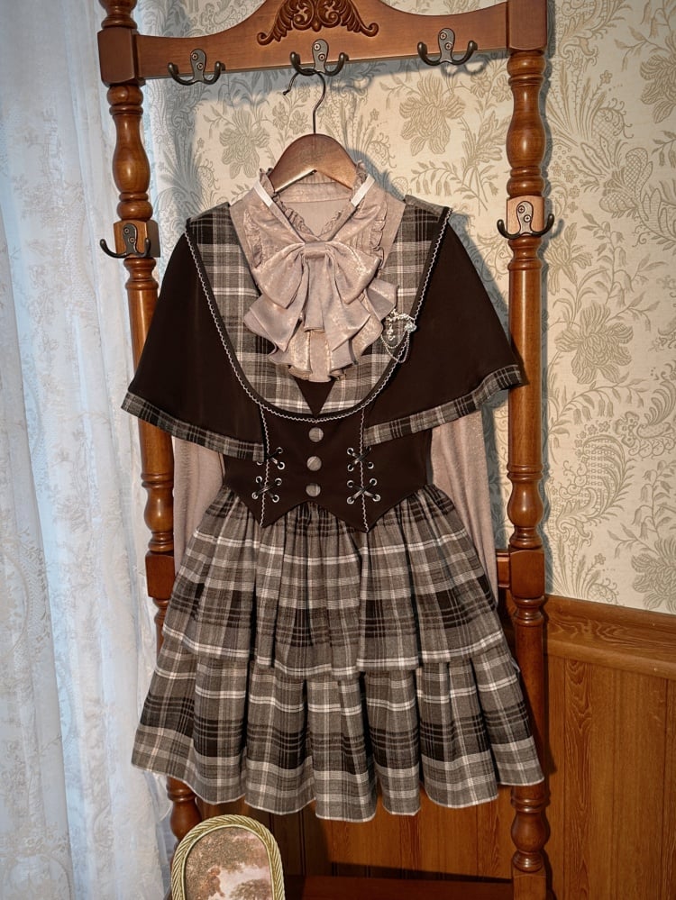 Dark Academia Fashion Little Detective Plaid Dress Black and Gray Jumper Skirt + Cape Set