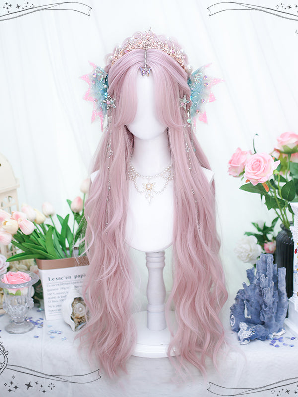 Curtain Bangs Pink Long Wavy Synthetic Wig