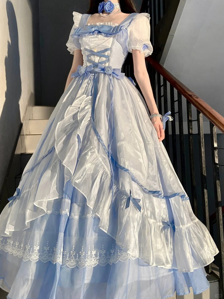 White and Blue Princess Dress Puff Sleeves Gorgeous One Piece