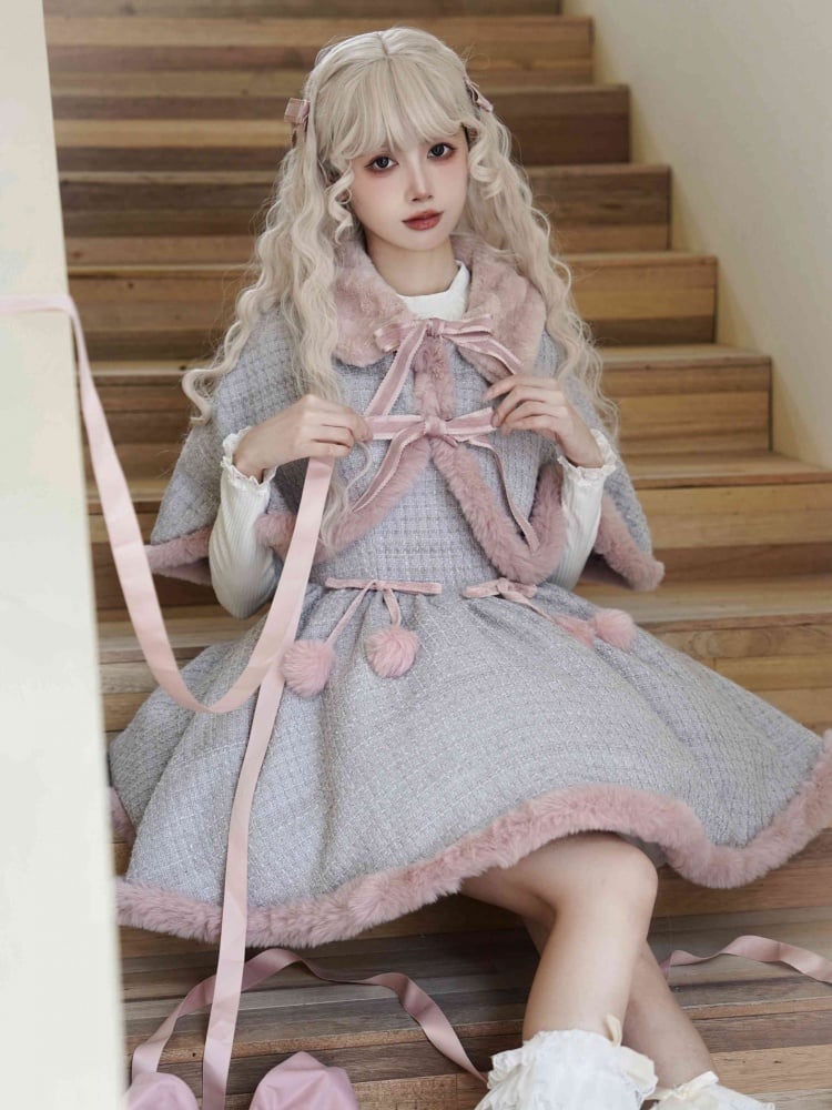 Gray and Pink Plush Hemline Tweed Jumper Skirt + Cape - Sukuroi