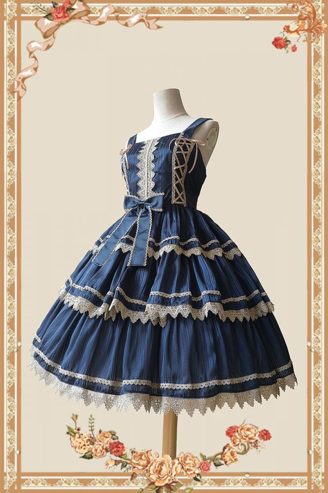 Cake Tree Tiered Flounce Skirt in navy blue with beige lace accents