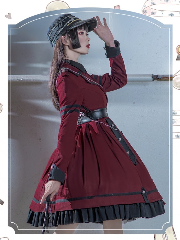 Military Style Outfits-Wine Red One Piece / Black Shirt / Black Cape