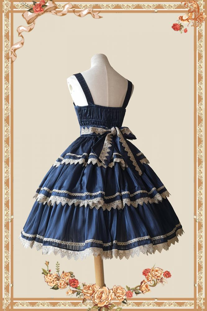 Cake Tree Tiered Flounce Skirt in navy blue with back bow and beige lace trim
