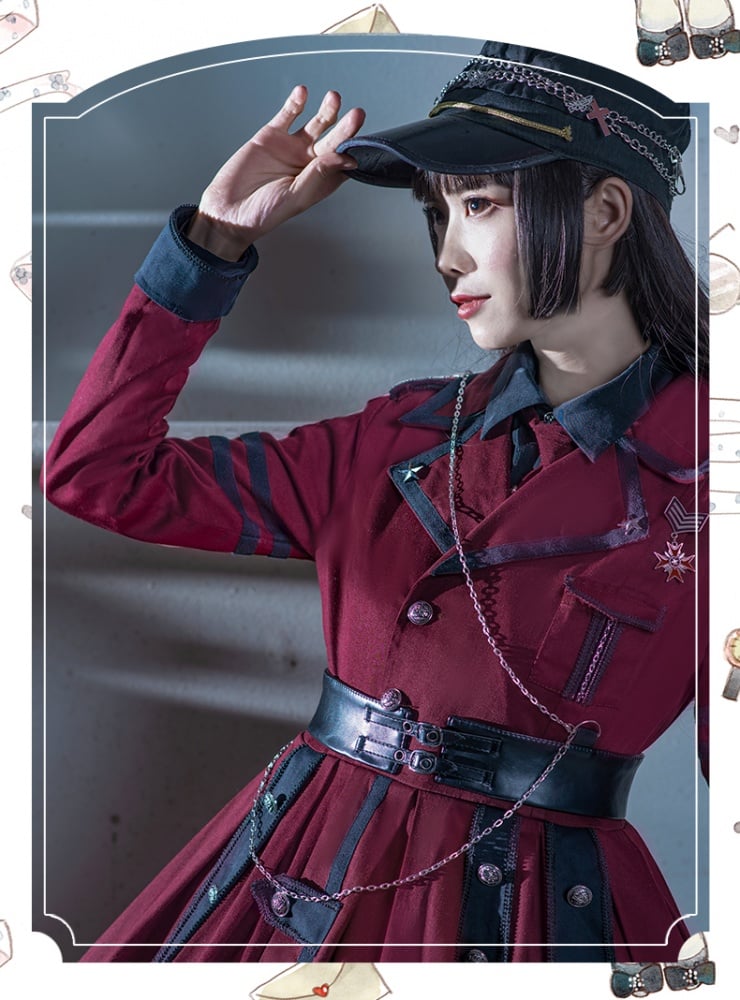 Military Style Outfits-Wine Red One Piece / Black Shirt / Black Cape